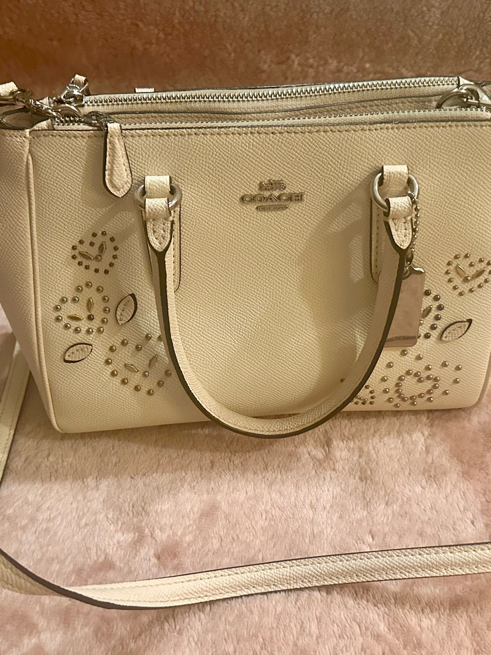 Coach Cream Leather Studded Satchel with Heart Motif (Like New Condition)